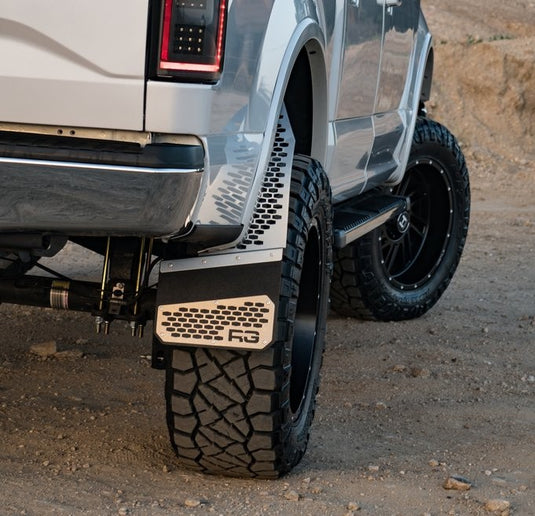Ram Custom Fitting FRONT Rek Mesh Mud Flaps - Silver Brushed on Black